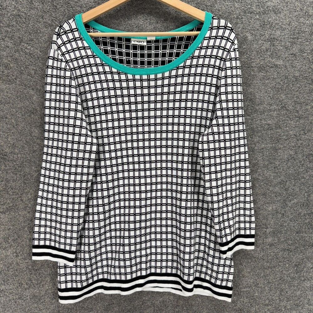 Cato Sweater Pullover Women L Large White Plaid Knit Long Sleeve Rayon Casual